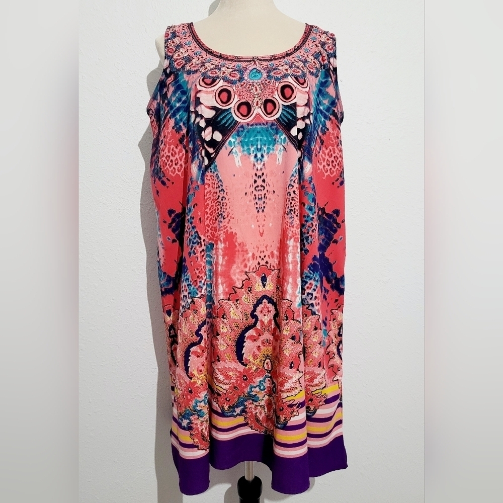 Island Expression Sleeveless Colorful Dress Tropical Beachy Bling Womans Size XL - Picture 3 of 11